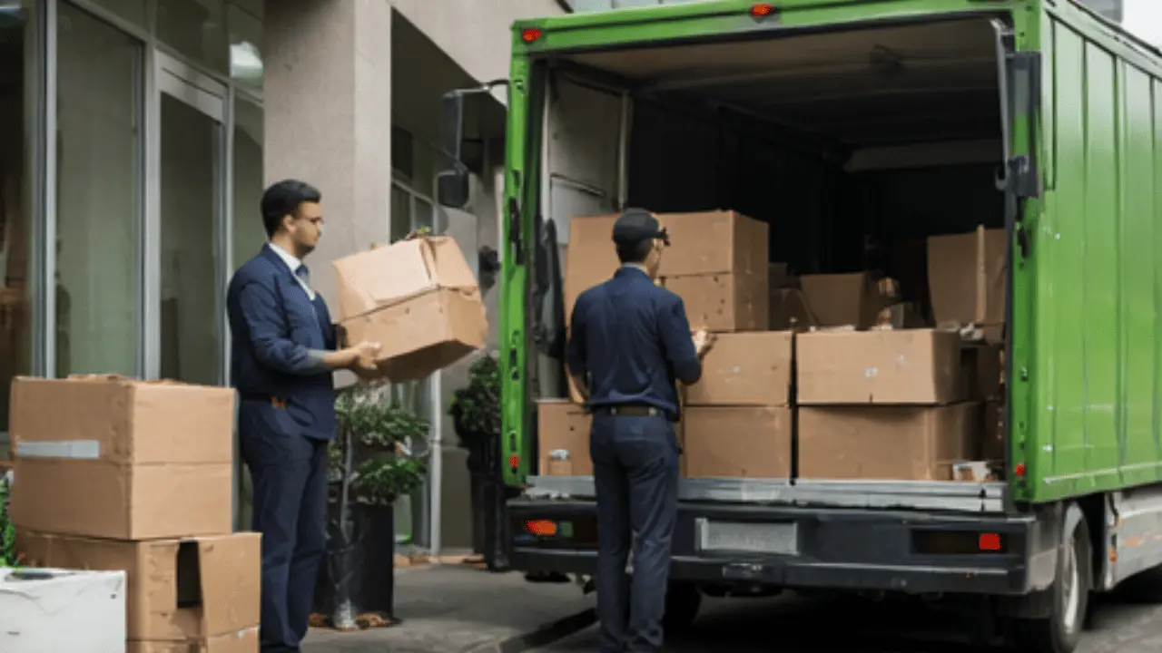 Two workers load cardboard boxes into the back of a green delivery truck parked outside a building.