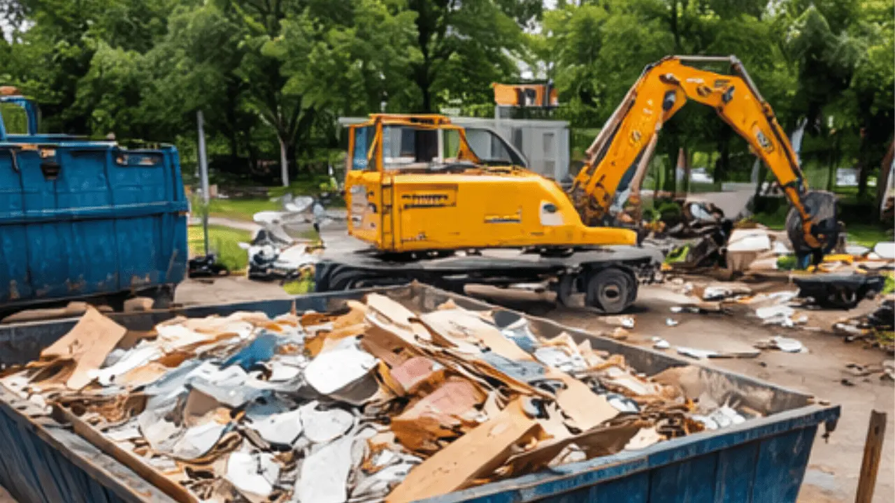 Yellow excavator working near large dumpsters filled with construction debris in an outdoor setting with trees.