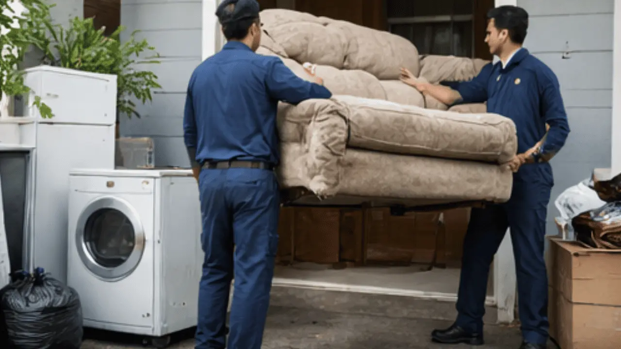 Two movers in blue uniforms carrying a beige couch into a house near a washing machine and packed items.
