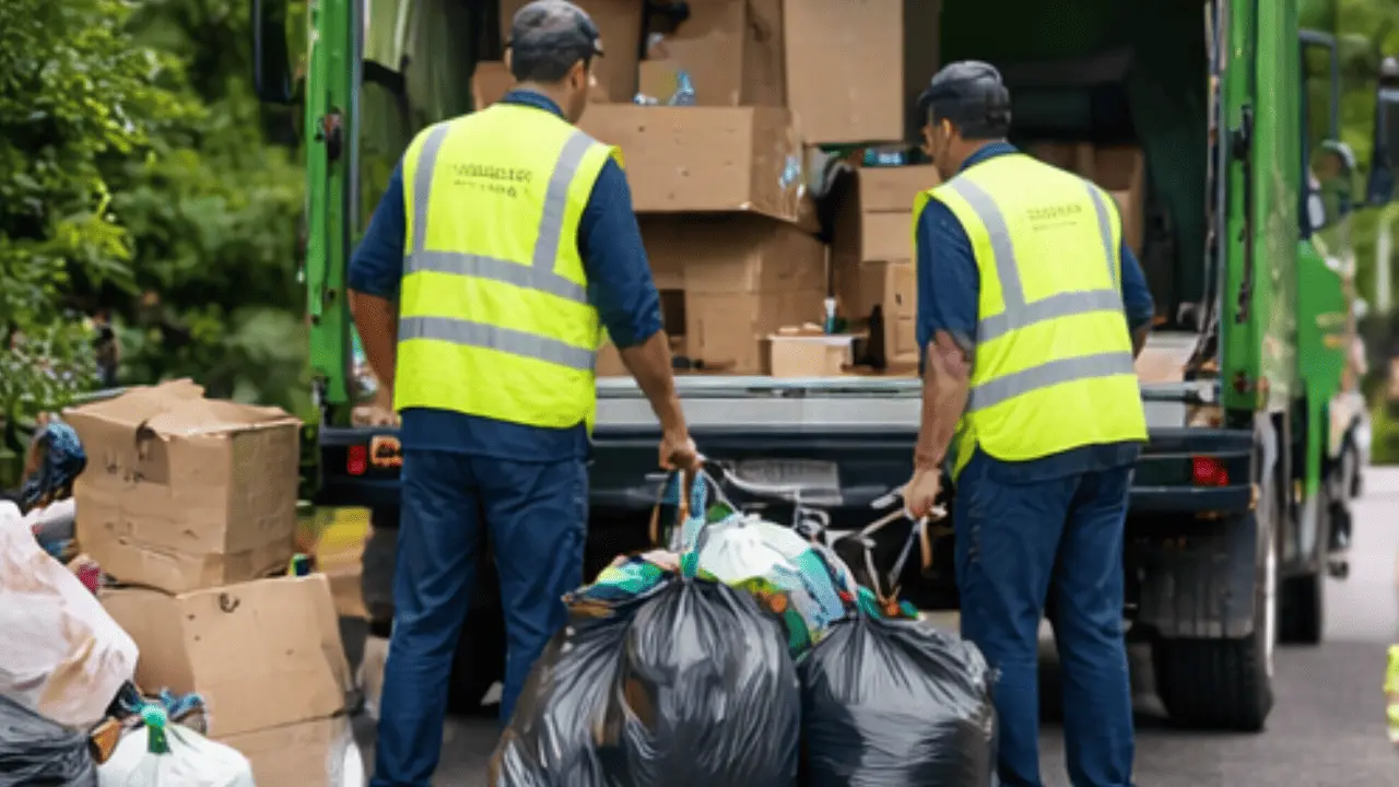 Two sanitation workers in yellow vests loading garbage bags into a green trash truck on a street with cardboard boxes nearby.
