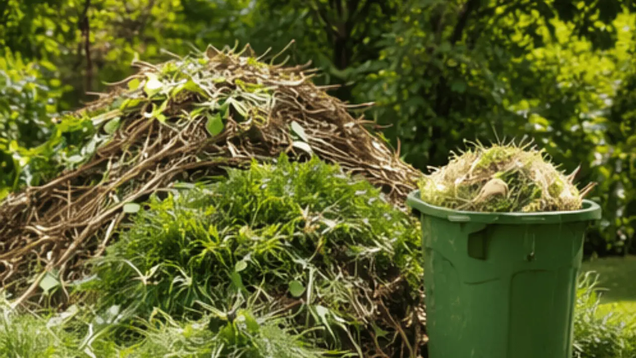 Green yard waste bin filled with trimmed branches and leaves, surrounded by piles of garden clippings and greenery.