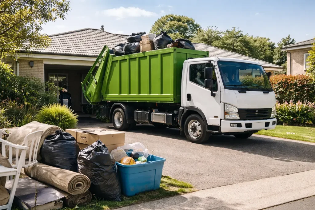 A white garbage truck with a green dumpster is parked outside a house, surrounded by bags of trash and boxes on the ground.
