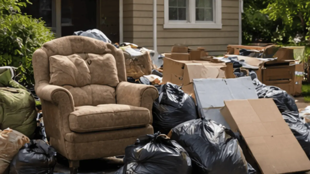 Beige armchair surrounded by black trash bags and cardboard boxes outside a house during cleanup or move.