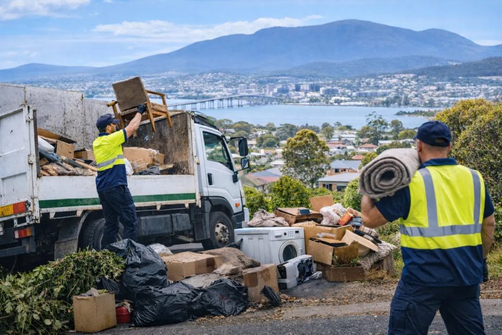 Two workers of rubbish removal Hobart team in high-visibility clothing loading furniture and waste into a truck with a city, bridge, and mountains in the background.