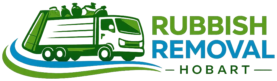Logo for Rubbish Removal Hobart featuring a green and blue truck with recycling bins, emphasizing waste management services.