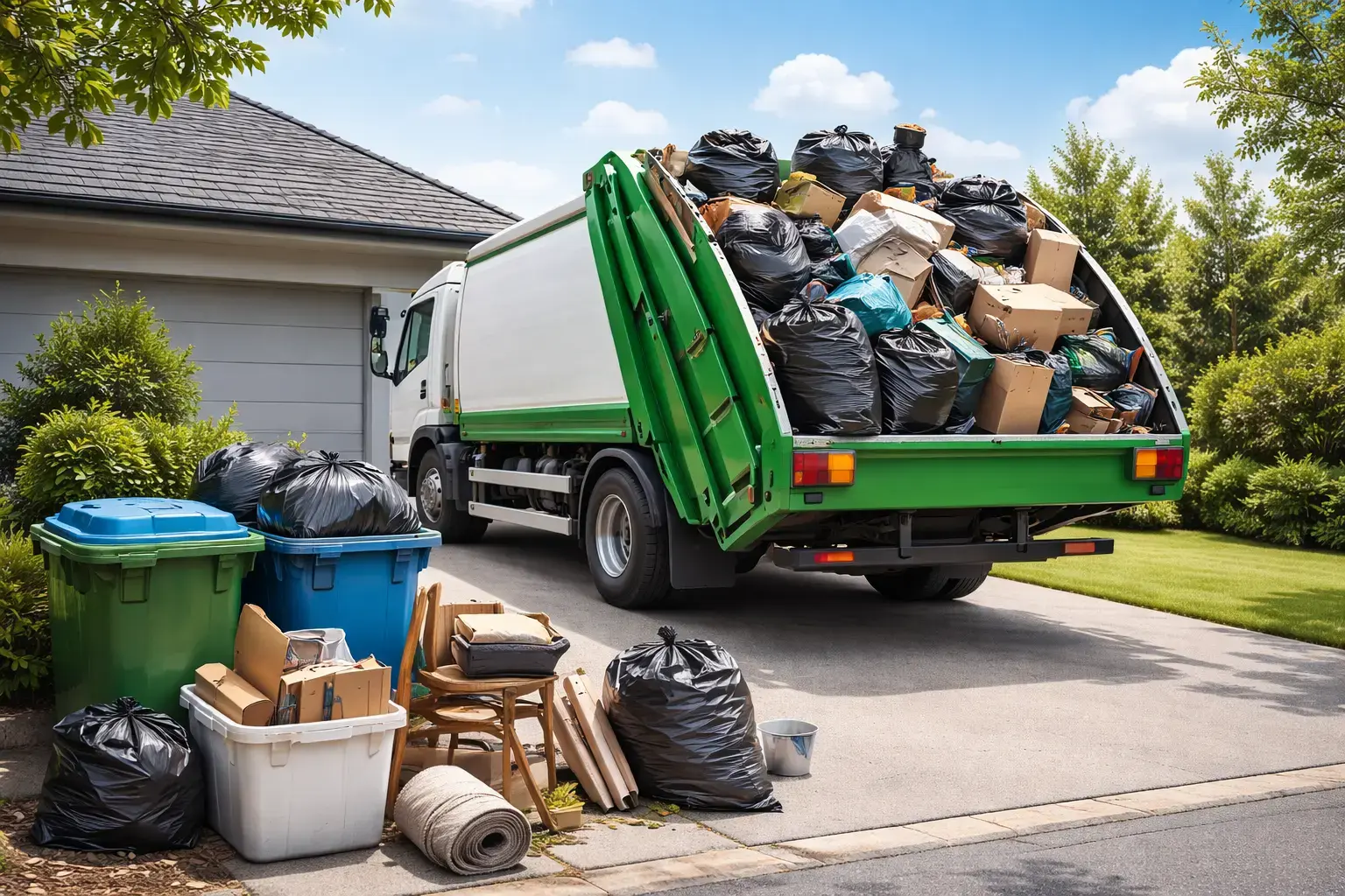 A green garbage truck is parked near a house, loaded with trash bags and discarded items on the driveway.