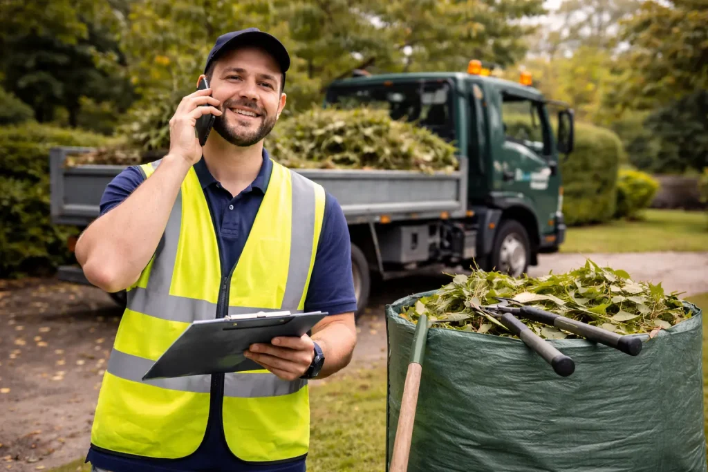 Worker in a reflective vest talking on phone with clipboard booking rubbish removal hobart for green waste removal near a bag of yard waste and a garbage truck in a green outdoor setting.