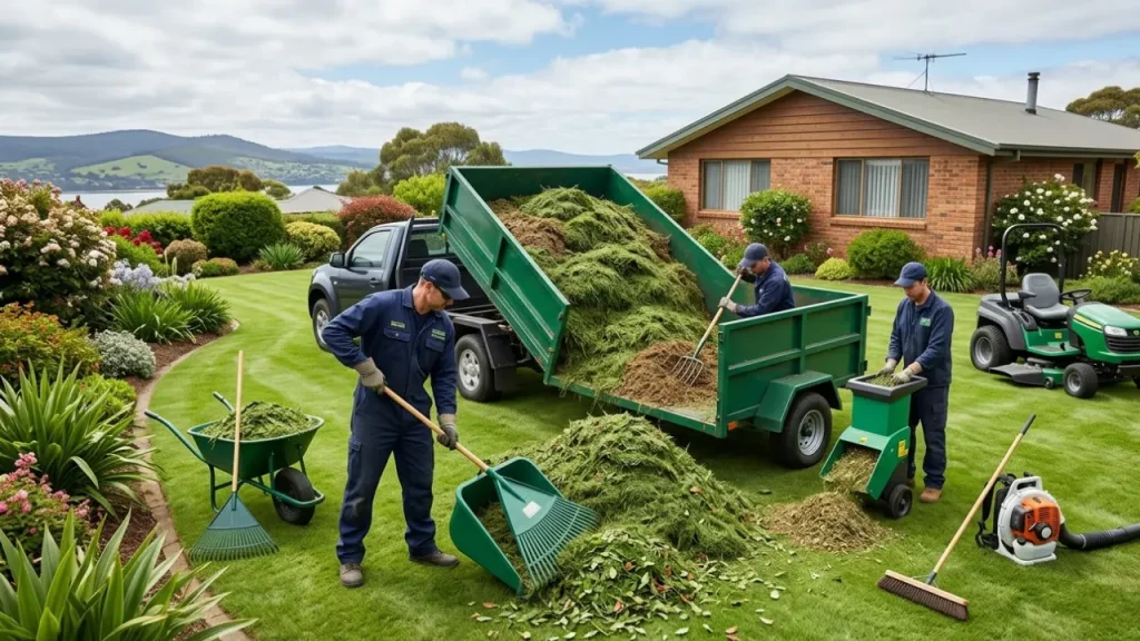 Three workers of Rubbish Removal Hobart in uniforms collecting lawn clippings and leaves in a garden with tools, a green trailer, and a ride-on mower nearby.