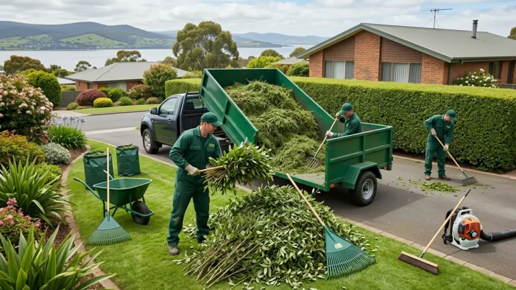 Gardeners in green uniforms collecting leaves and branches into a green truck beside a suburban house with a scenic lake background.