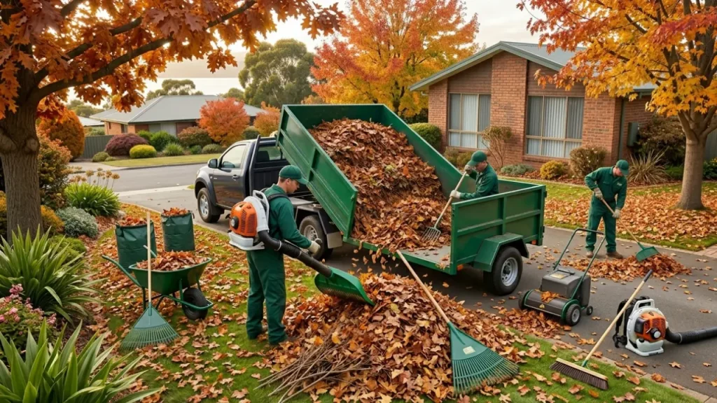 Workers in green uniforms using tools and a truck to collect and load autumn leaves in a suburban neighborhood to remove garden waste in Hobart.