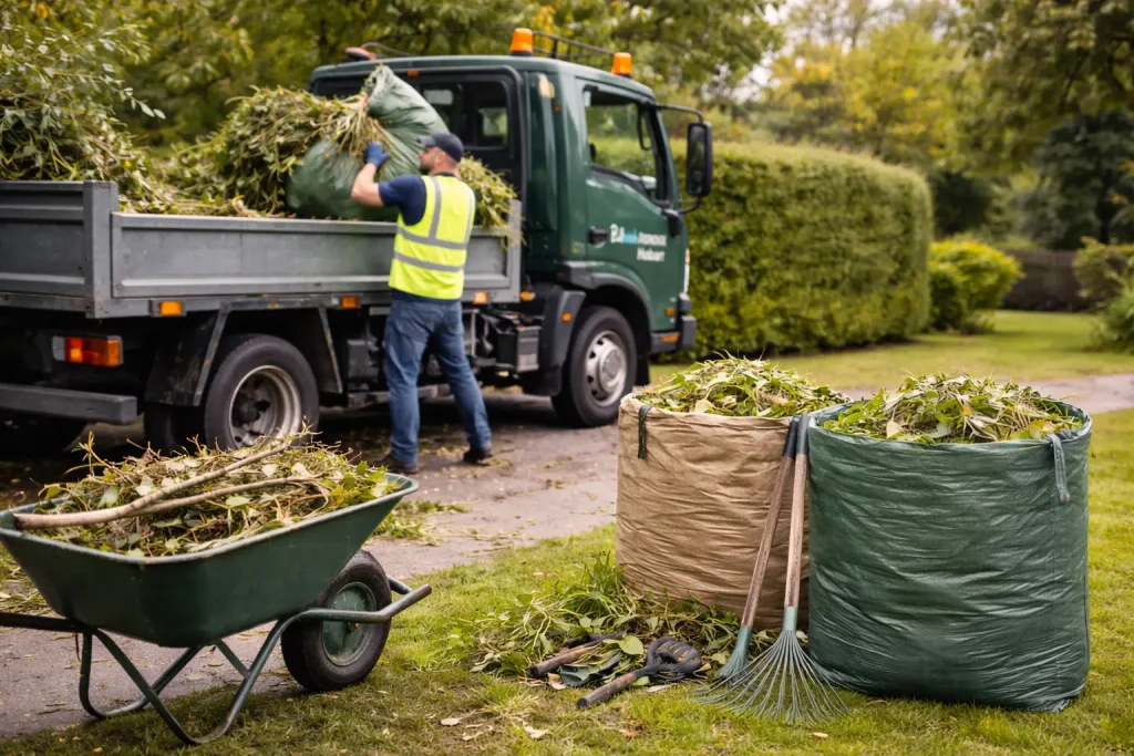 Worker loading trimmed branches and leaves from wheelbarrow and bags into a green utility truck in a garden setting in same-day garden waste removal service of Rubbish Removal Hobart.