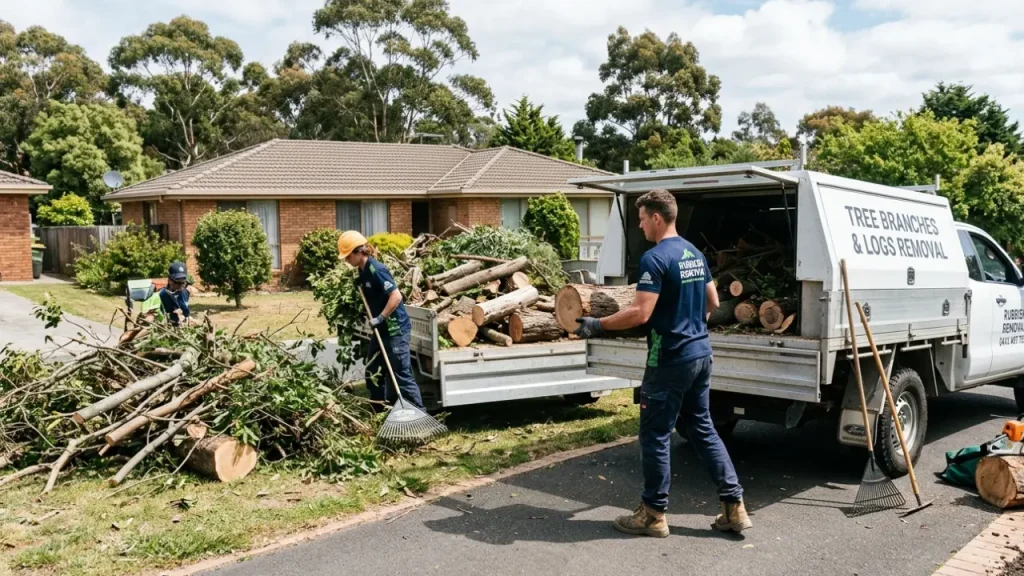 Workers load tree branches and logs onto a truck of Rubbish Removal Hobart labeled "Tree Branches & Logs Removal" in a suburban neighborhood.