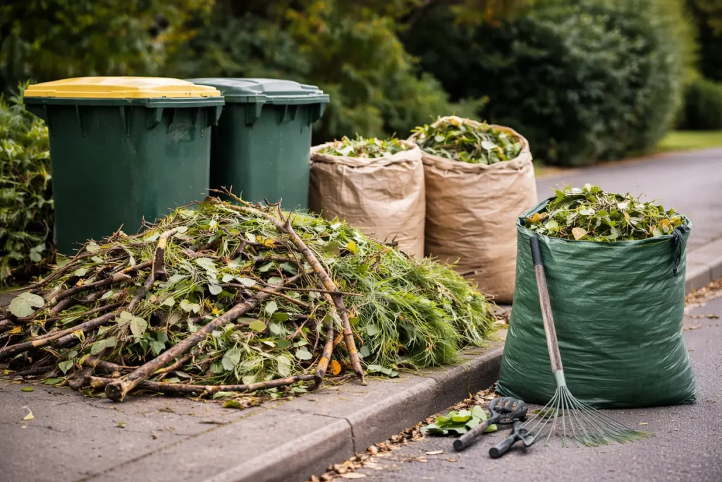 Yard waste including branches, leaves, and garden tools beside green and beige compost bins on a roadside curb representiong What is Green Waste Removal in Hobart.