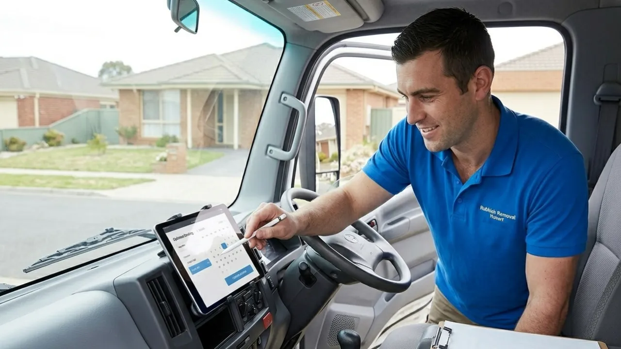 Man in a blue shirt using a stylus to select a date on a tablet mounted inside a parked truck book household rubbish removal service in Hobart Tasmania.