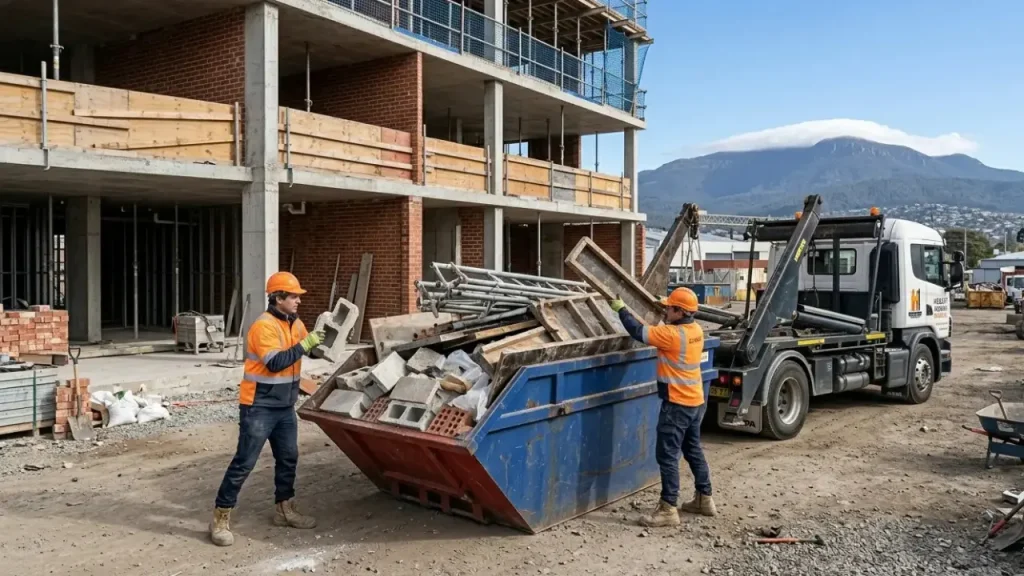 Two professional rubbish removal workers in high-visibility vests loading heavy building waste into a blue skip bin at a construction site, managed by Rubbish Removal Hobart with Mount Wellington in the background.