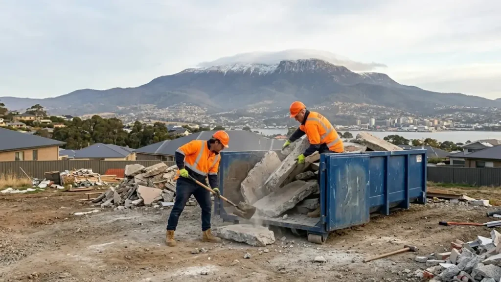 Rubbish Removal Hobart workers removing old fixtures and partition materials from a commercial fit-out strip-out, loading debris into a branded truck with Mount Wellington in the background.