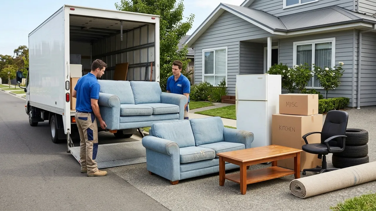 Two workers of Rubbish Removal Hobart loading furniture and boxes into a truck parked outside a suburban house in South Hobart during a domestic removal service.