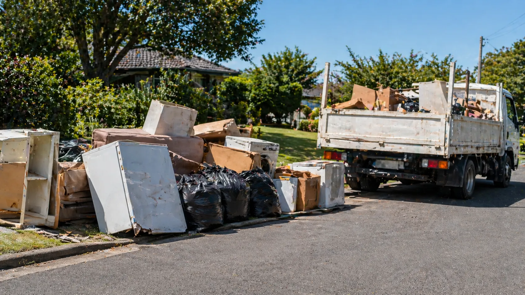 Truck parked near a street curb with large piles of household junk like discarded furniture, appliances, and black garbage bags on a sunny day.