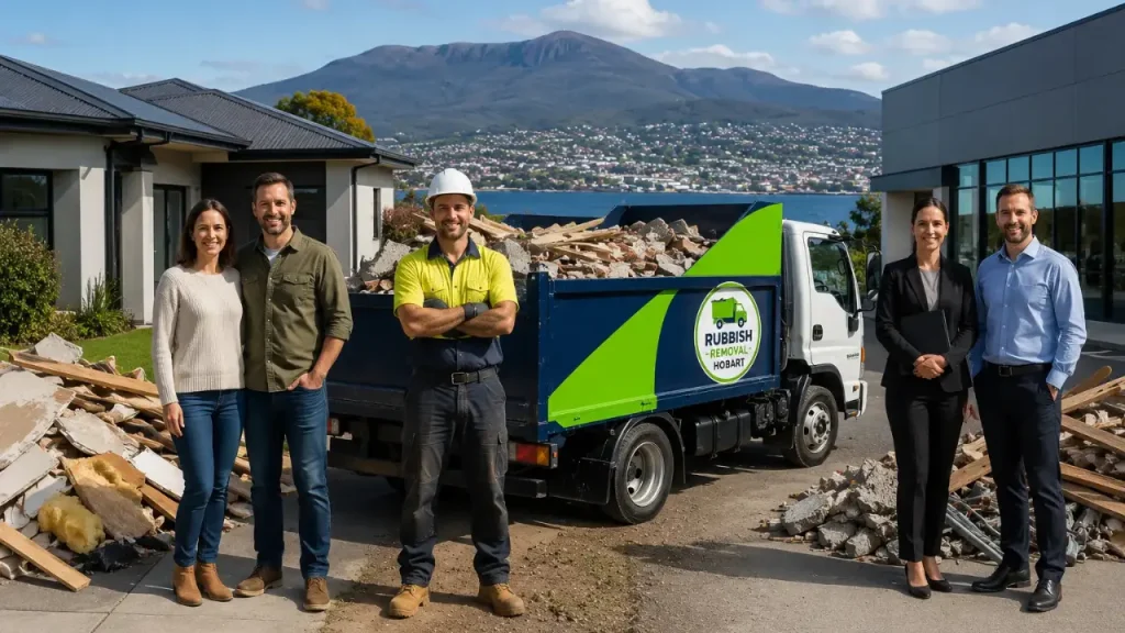 A professional Rubbish Removal Hobart crew member standing by a branded waste disposal truck loaded with construction debris, flanked by satisfied residential homeowners and business clients with Mount Wellington in the background.