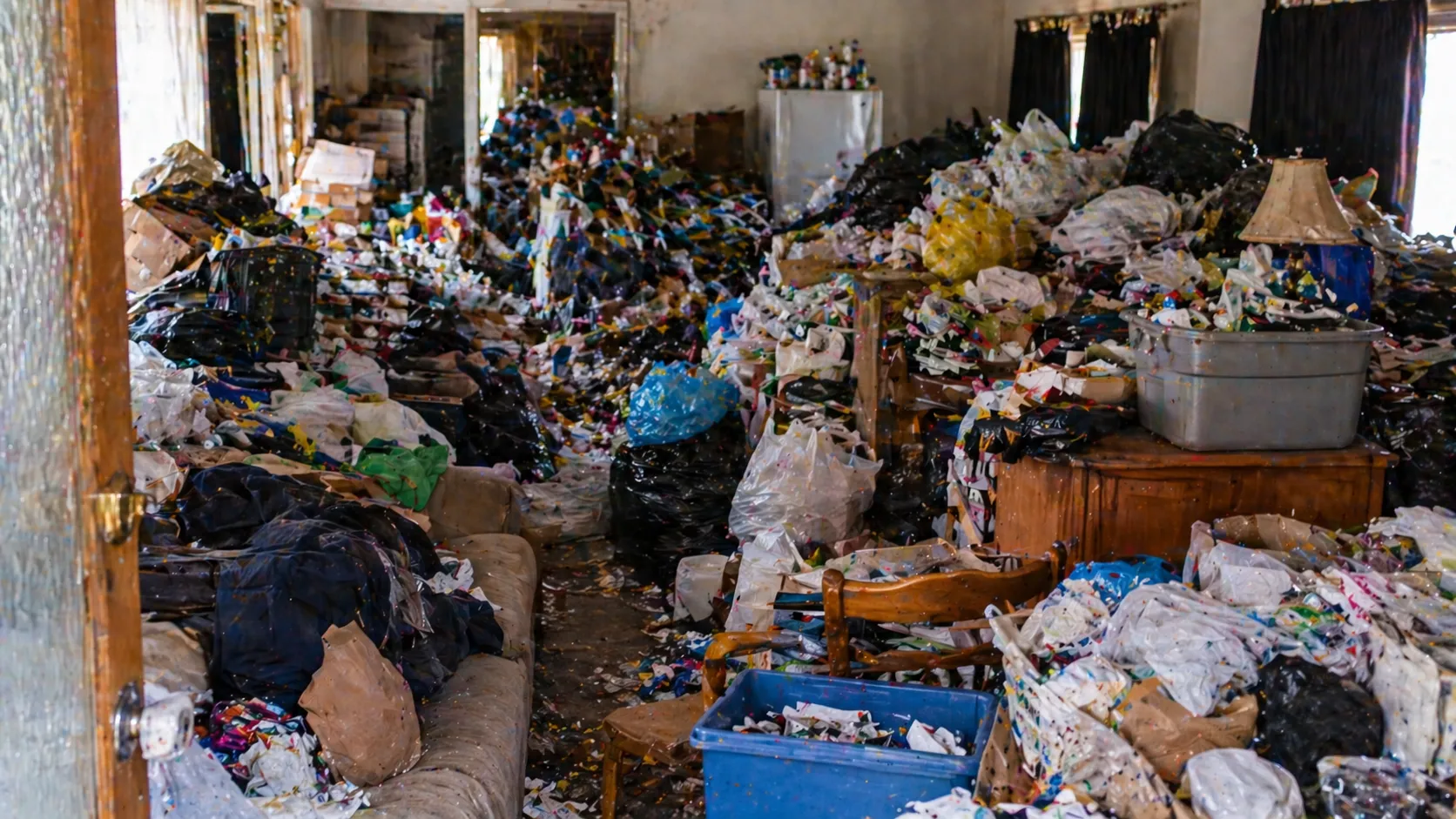 Cluttered room overflowing with piles of laundry, plastic bags, and household furniture including a sofa, chairs, and a wooden cabinet.