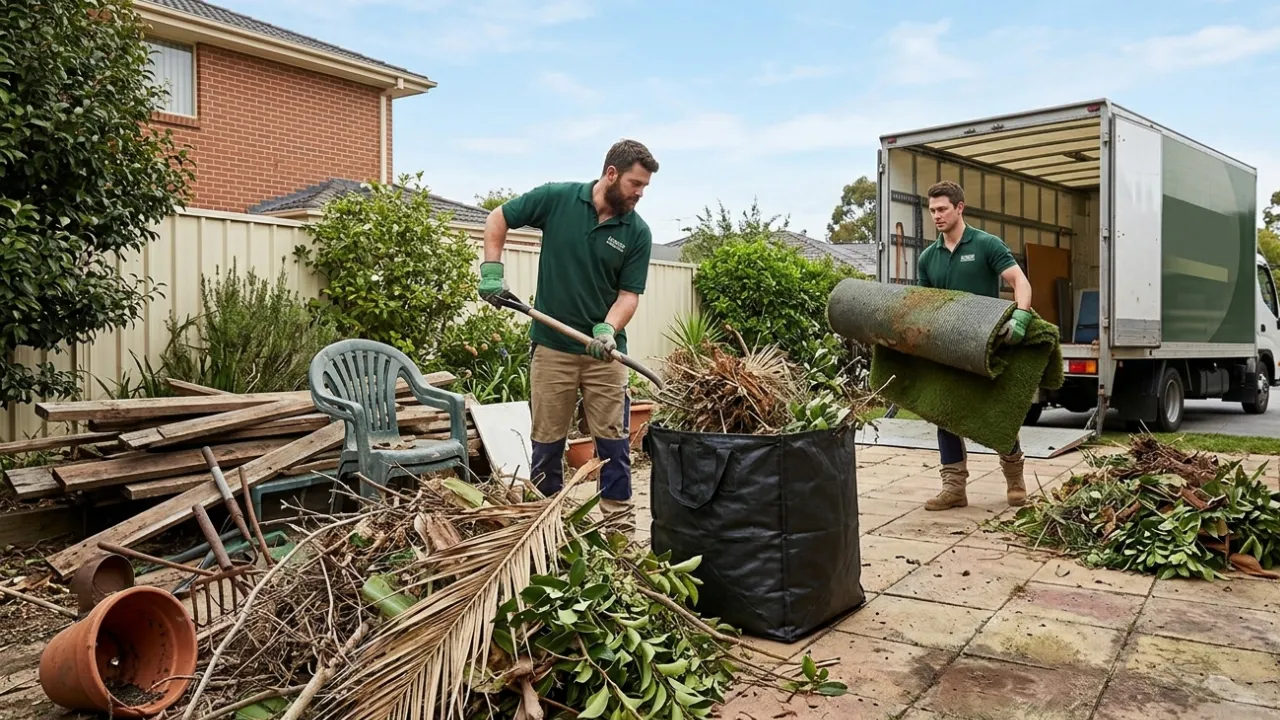 Two workers clearing garden waste, loading plants and rolled turf into a truck in a backyard with scattered debris in Hobart.