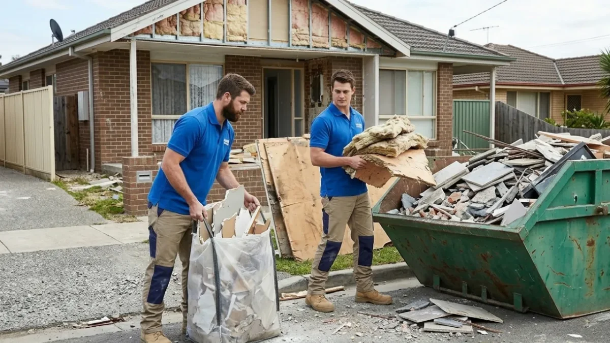 Two workers of Rubbish Removal Hobart in blue shirts loading renovation and construction debris into a large green dumpster in front of a partially renovated brick house in South Hobart.