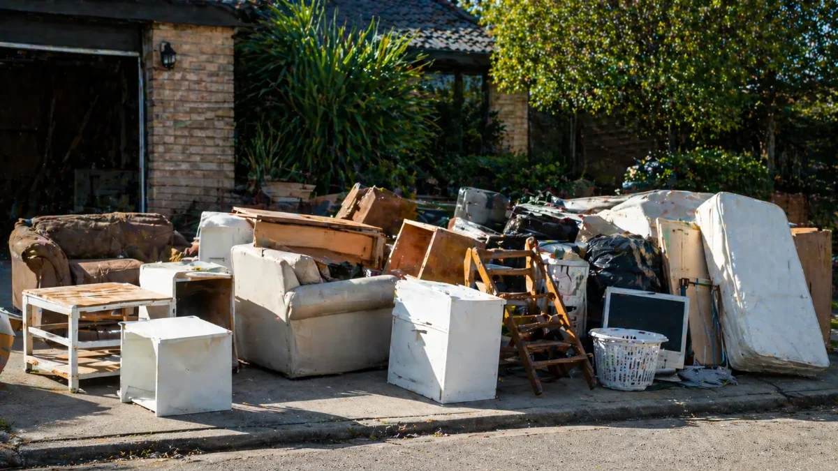 Pile of discarded furniture and household garbage, including sofas, tables, mattresses, and a laundry basket, placed on a sidewalk outside a house In Hobart.