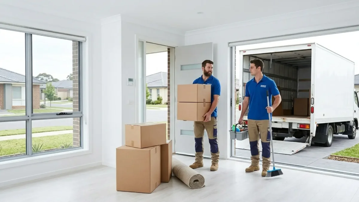 Two workers of Rubbish Removal Hobart standing in a bright room with cardboard boxes, a rolled carpet, and a cleaning tool near an open moving truck offering the end of lease cleanout service in Hobart.