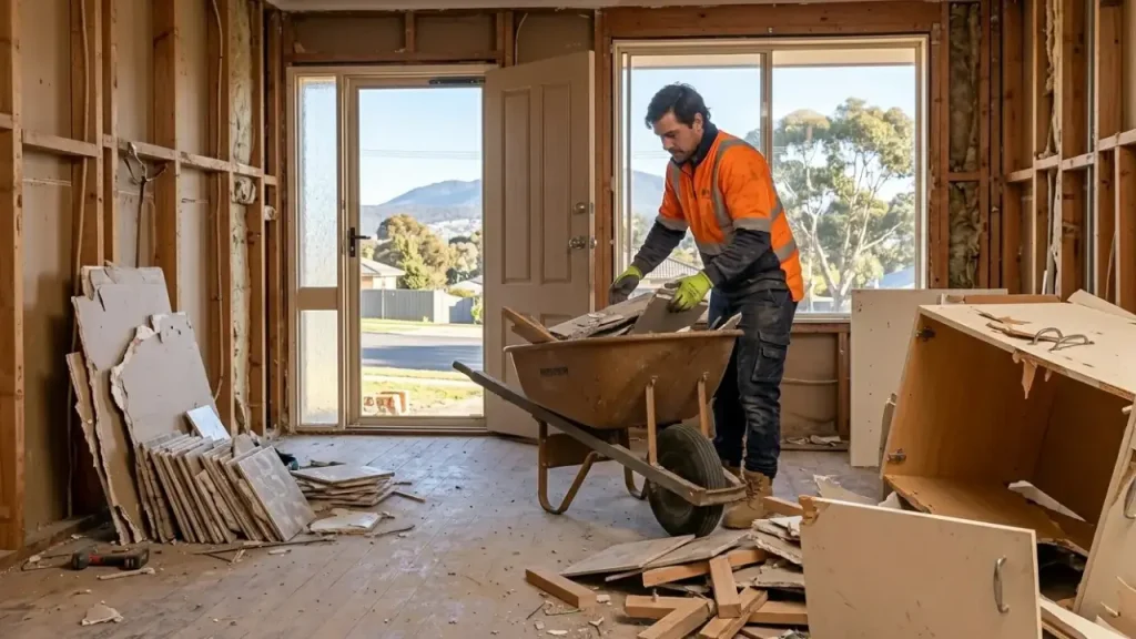 A professional rubbish removal worker in a high-visibility vest loading interior remodeling debris, old tiles, and timber pieces into a wheelbarrow inside a house renovation site, a local service by Rubbish Removal Hobart.
