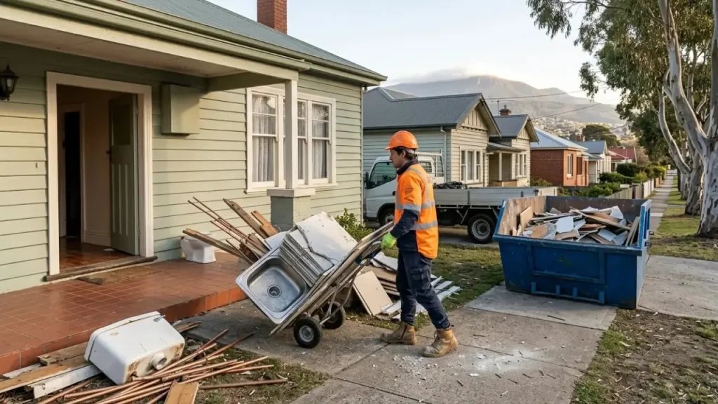 A professional rubbish removal worker using a hand trolley to move renovation waste into a skip bin outside a suburban weatherboard home, provided by Rubbish Removal Hobart with Mount Wellington in the background.
