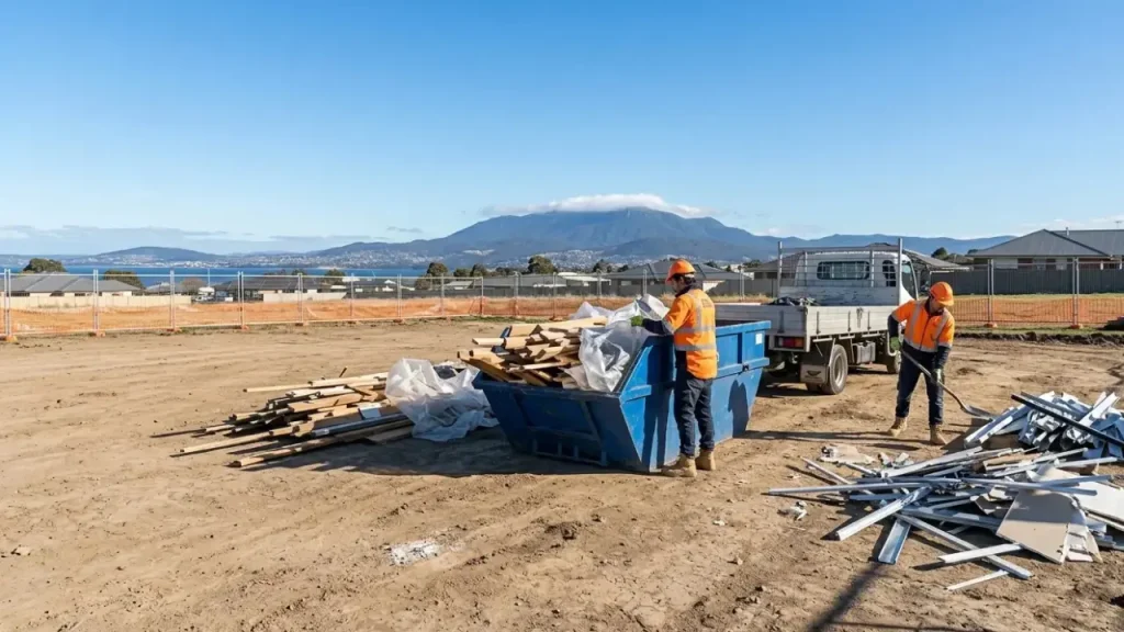 A Rubbish Removal Hobart crew clearing knocked-down structural debris and mixed demolition waste from a tear-down site, loading it into a branded skip bin with Mount Wellington in the background.