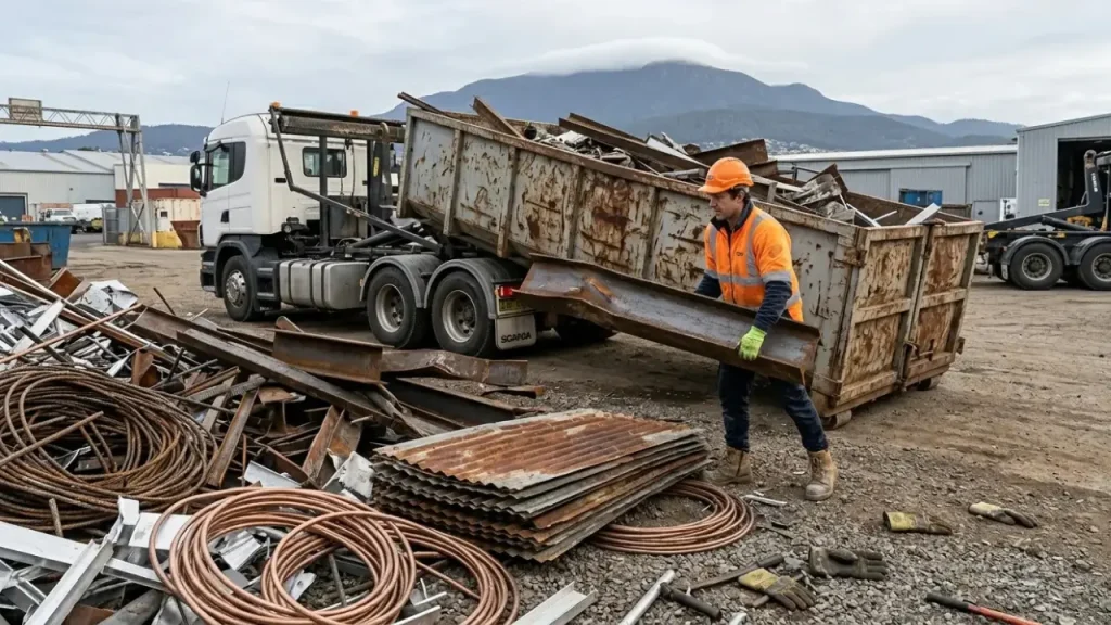 A professional rubbish removalist loading heavy steel beams, copper wiring, and scrap metal into a large industrial skip truck, a reliable commercial recycling service by Rubbish Removal Hobart with Mount Wellington in the background.