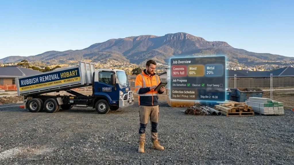 A professional rubbish removal worker using a digital tablet dashboard to track waste categories and collection schedules on a clean job site, managed by Rubbish Removal Hobart with Mount Wellington in the background.