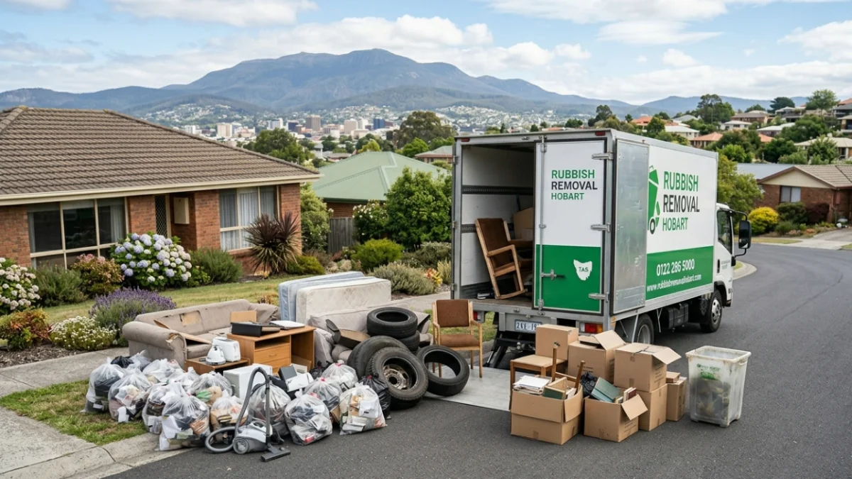 A rubbish removal truck is parked on a suburban street in front of a brick house. Large piles of household waste, including an old sofa, multiple mattresses, car tires, and bagged trash, are neatly sorted on the curb and ready to be loaded into the truck.