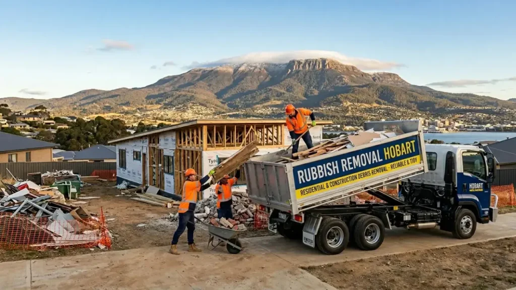 A professional rubbish removal truck with clear Rubbish Removal Hobart branding being loaded with building debris by a crew in high-visibility vests at a residential construction site, showcasing reliable service with Mount Wellington in the background.