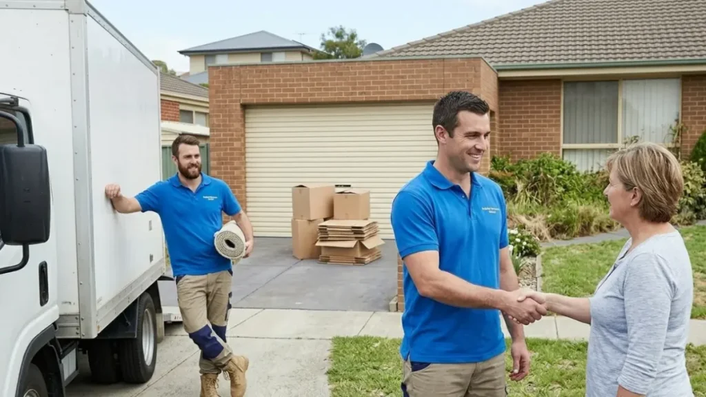 Two workers in blue shirts shaking hands with a woman outside a house with packed boxes and a moving truck nearby showing the trust of locals on Rubbish Removal Hobart for household waste removal service.