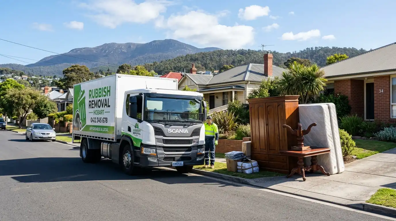 A white Rubbish Removal Hobart truck parked on a residential street next to bulky furniture items, including a wooden wardrobe, mattress, and table ready for disposal.