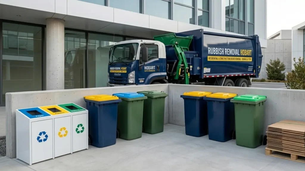 Rubbish Removal Hobart commercial waste disposal truck parked outside a modern commercial building next to organized recycling wheelie bins.
