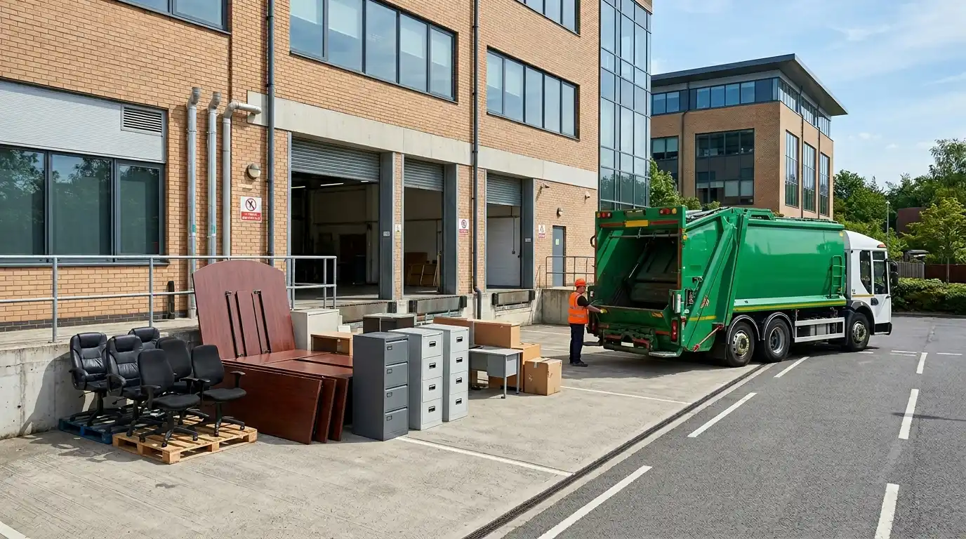Commercial furniture disposal service in Hobart showing office chairs, desks, and filing cabinets lined up for collection next to a green waste management truck.
