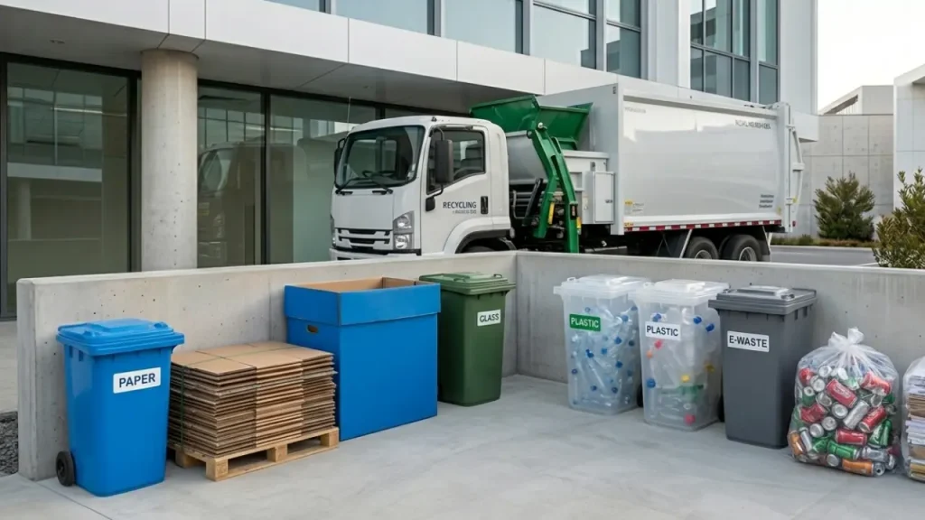 Commercial recycling and rubbish removal Hobart services featuring a waste collection truck and sorted bins for paper, plastic, and e-waste.
