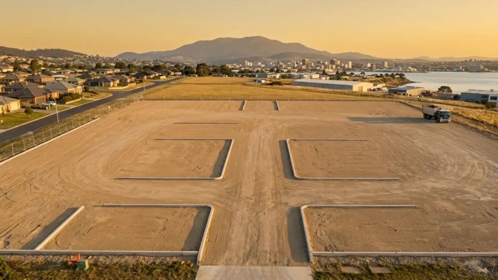 Commercial site clearance and rubbish removal Hobart services showing a cleared construction plot overlooking the Hobart city skyline and Mount Wellington.