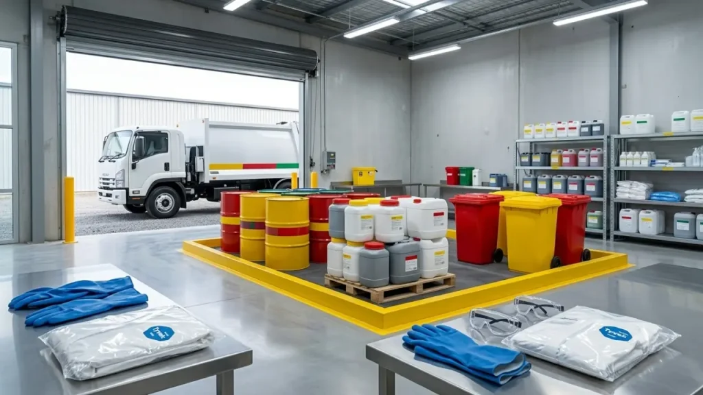 Commercial hazardous waste disposal and rubbish removal Hobart services featuring a compliant chemical storage facility with secure drums and safety PPE gear.