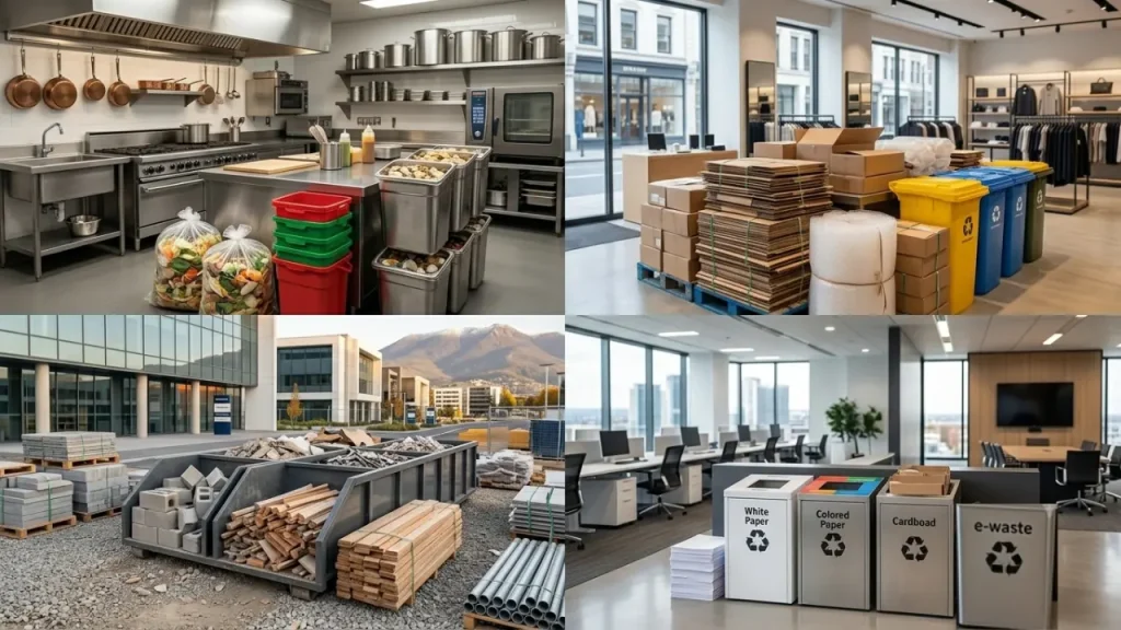 Commercial rubbish removal Hobart services for diverse industries, showing waste management solutions for commercial kitchens, retail stores, construction sites, and corporate offices.