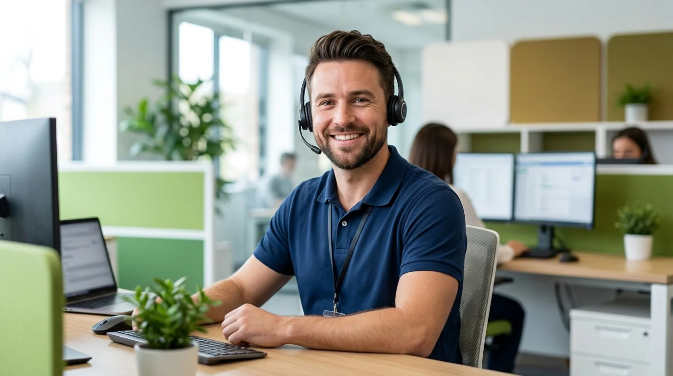 Friendly male customer service representative wearing a headset at a desk, ready to take bookings and provide quotes for waste removal in Hobart.