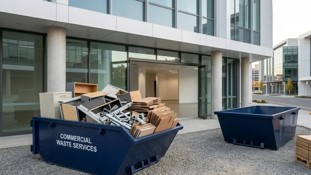 Commercial rubbish removal Hobart service for retail and warehouse cleanouts, featuring large skip bins loaded with damaged stock, pallets, and cardboard waste outside a commercial unit.