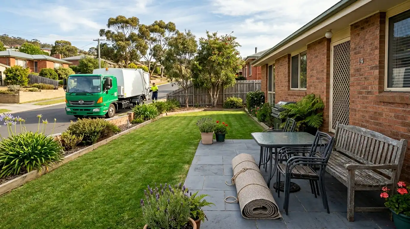 Outdoor furniture removal in Hobart featuring a rolled-up rug, wooden garden bench, and patio dining set on a backyard patio ready for collection by a Rubbish Removal Hobart truck.