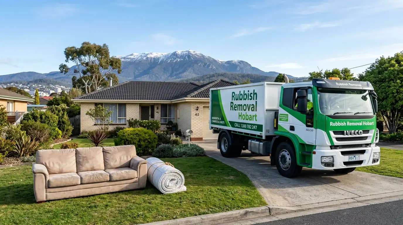 Rubbish Removal Hobart truck collecting bulky waste including an old sofa and mattress from a residential property in Hobart with Mount Wellington in the background.