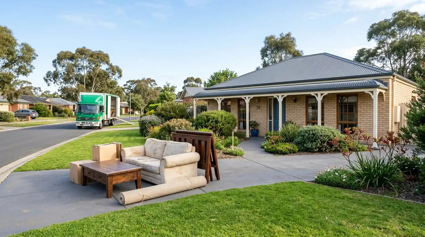 Residential furniture removal service in Hobart showing an old couch, wooden coffee table, rolled-up carpet, and boxes on a driveway with a Rubbish Removal Hobart collection truck in the background.