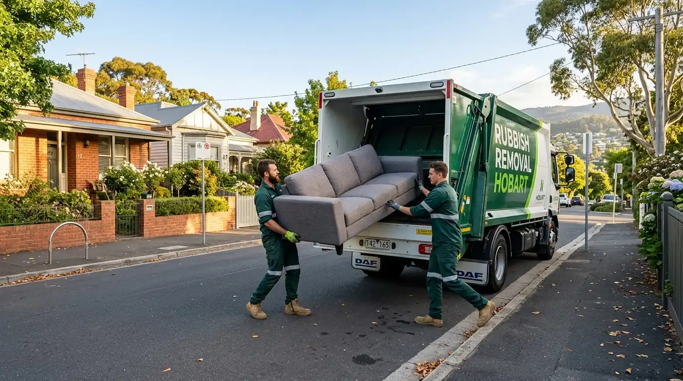 Two professional rubbish removal workers loading a large grey couch into the back of a Rubbish Removal Hobart truck on a residential street under the same-day furniture rubbish removal service.
