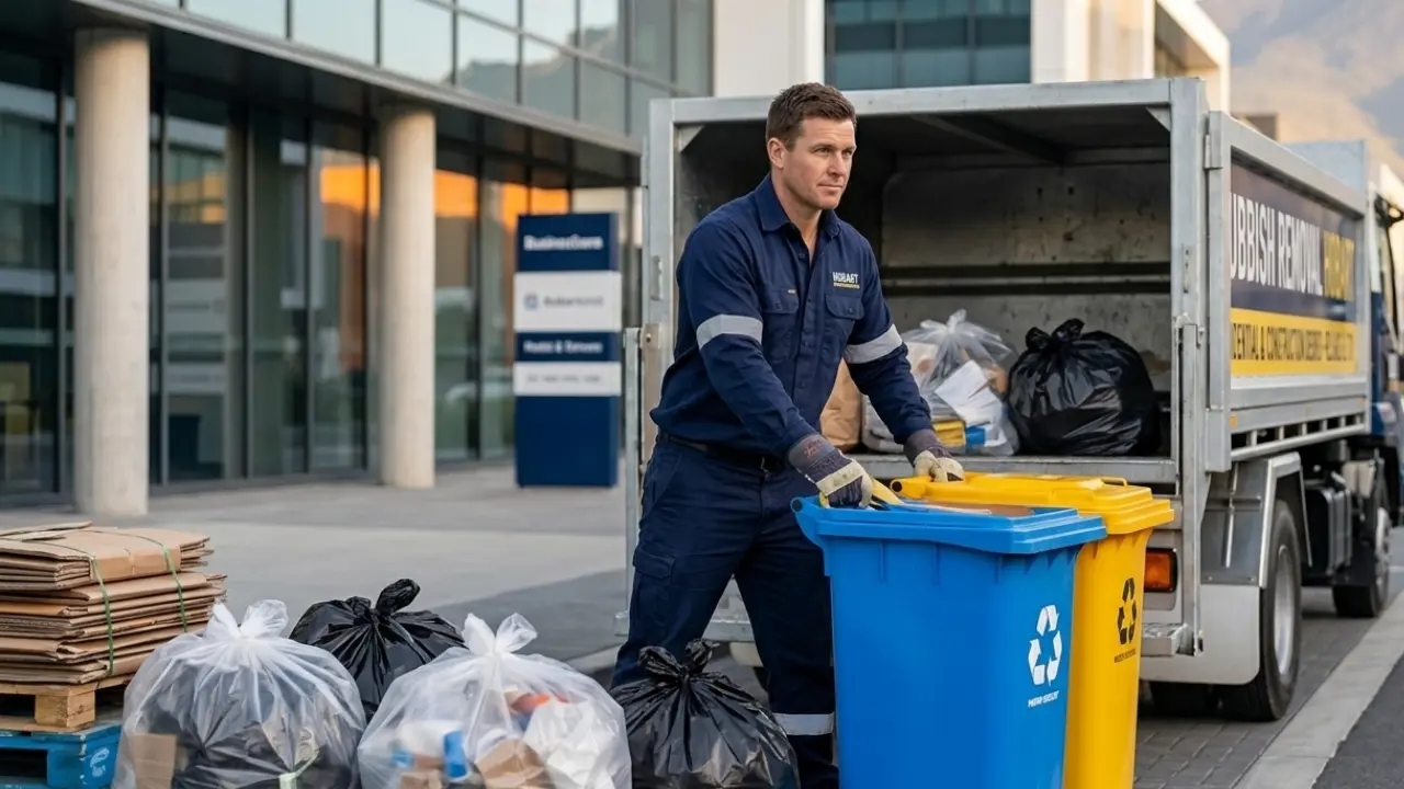 Professional commercial rubbish removal Hobart service worker loading business recycling bins and waste bags into a collection truck outside a commercial building.